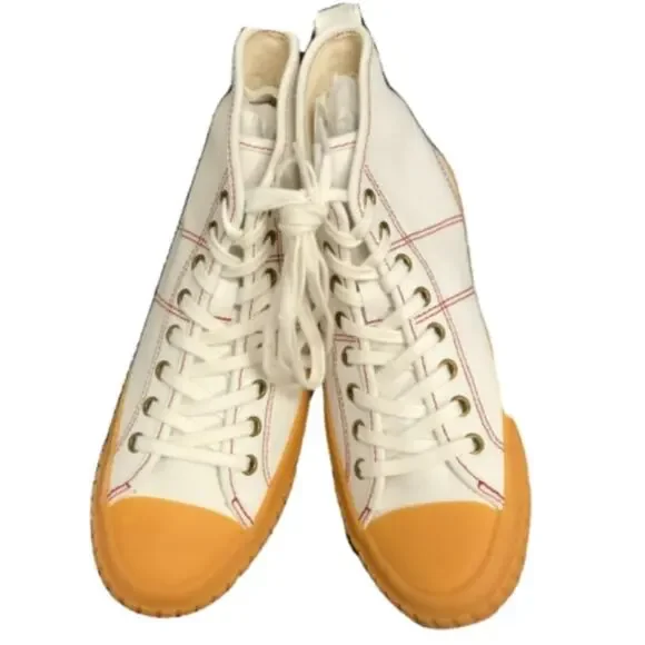 J.Crew Canvas High-Top Sneakers Ivory Gum Sole Red Stitching Sz 6 - Picture 2 of 10